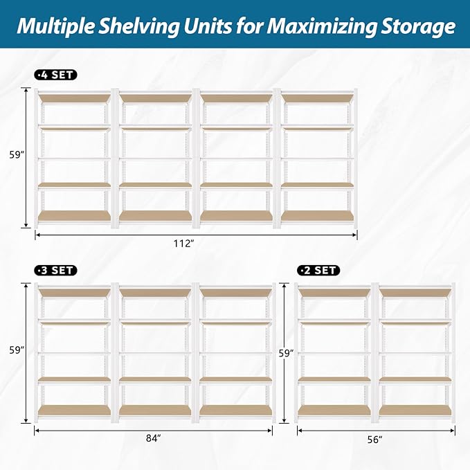PrimeZone 28" W x 12" D x 59" H Closet Storage Shelves - 5 Tier White Metal Connector Shelving, Adjustable Heavy Duty Garage Shelves, Utility Rack Organizer Shelf for Kitchen Pantry Closet, 3 PCS