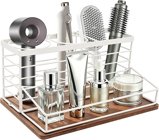 Hair Tool Organizer, Movable Hair Dryer Holder, 12" x 7.7" x 5.8", Wood-White