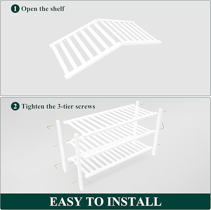 Smiry Bamboo Shoe Rack for Closet, 3 Tier Wooden Shoe Organizer, Stackable Wood Shoe Storage Shelf for Entryway, 14 Vertical Slats, One-piece Heavy-Duty Legs, 26.77"x11.02"x18.31", White