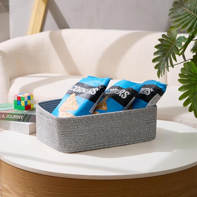 MiniArk Large Shallow Organizing Baskets 15x11x5.1 Inches - Rope Woven Storage Bins for Bathroom, Shelves, Cube Closet, Mixed Grey 2 Packs