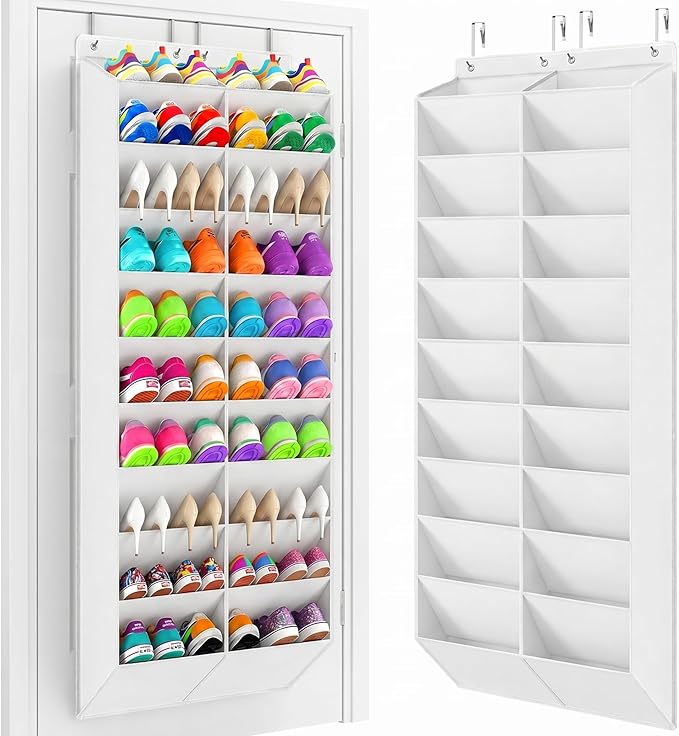 Yecaye 30 Pairs Over the Door Shoe Organizer, Large Capacity Hanging Shoe Rack for Door Hanger with Deep Pockets, Heavy Duty 10 Tier Shoe Holder for Sneakers Boots Heels College Dorm Essentials, White