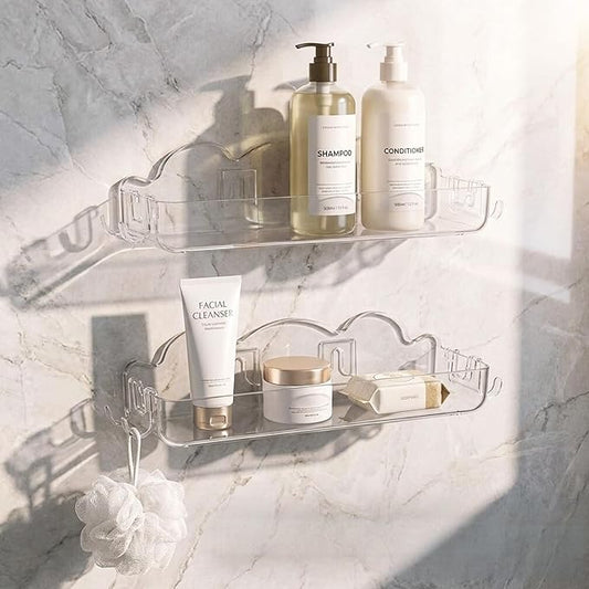 2 Pack Acrylic Shower Caddy No Drilling Adhesive Shower Shelves with 4 Removable