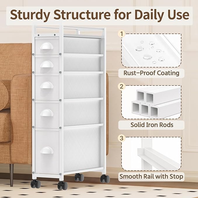 5 Drawer Narrow Slim Cabinet Skinny Storage Tower Chest, White