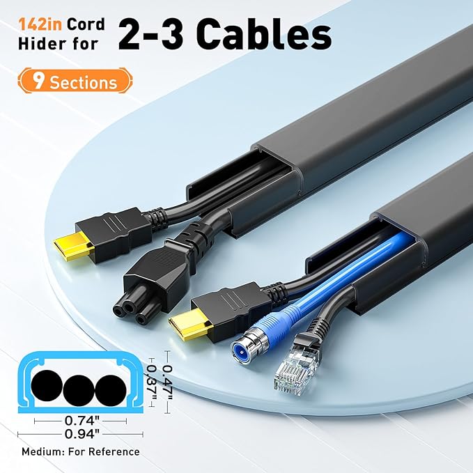 Delamu Cord Hider, 142in Cable Hider, Cord Covers for 2-3 Wires on Wall, Wire Covers for Cords, Wire Hiders for TV on Wall, Easier Setup Cable Cover Cable Management, W0.94 H0.47in, Black