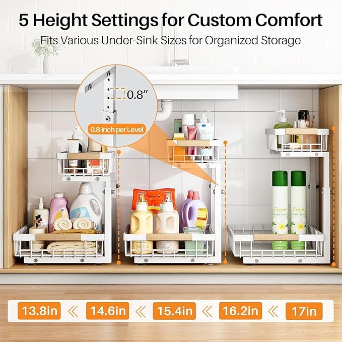 PXRACK Under Sink Organizer, Adjustable Height, 2 Tier Pull Out Under Cabinet Organizer, Slide Out Thickened Metal Under Sink Storage for Kitchen Bathroom Laundry Pantry Cabinet, White, Large-1-Pack