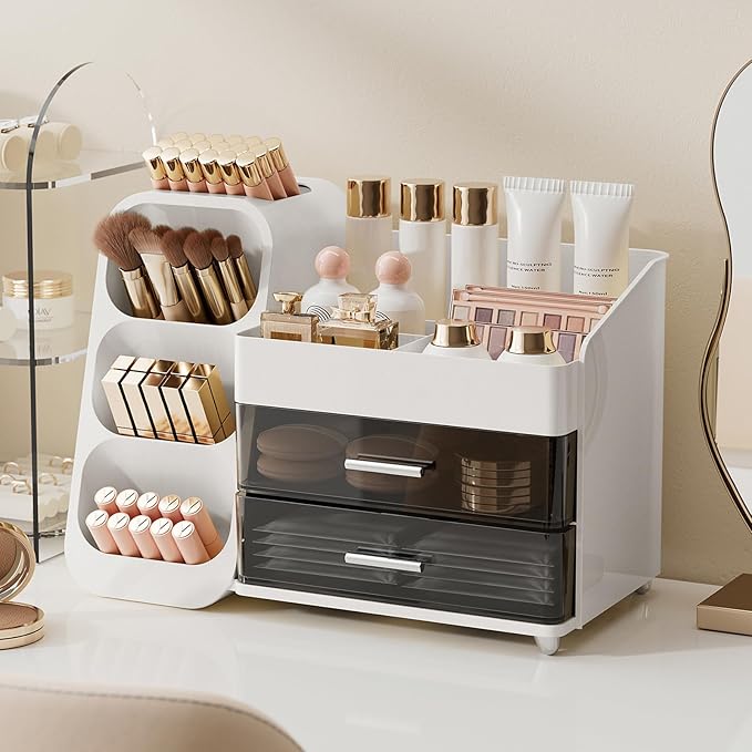 UFORU Makeup Organizer for Vanity with Brush Holder, Large Capacity Bathroom Countertop Skincare Organizer with 2 Drawers, Cosmetic Display Case for Perfumes, Eyeshadow Palettes, Nail Polishes