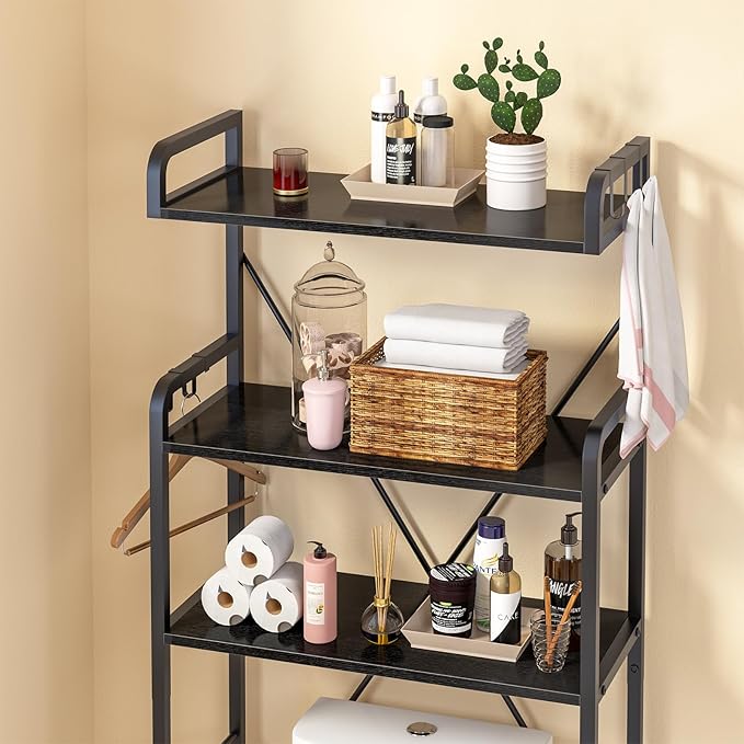 Huhote Over-The-Toilet Storage Rack with 3-Tier Shelves, Space Saver Toilet Shelf, Bathroom Storage Organizer with Hooks for Over-Toilet Storage (Black)