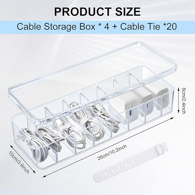 4 Pcs Cable Organizer Box with Wire Ties, Clear