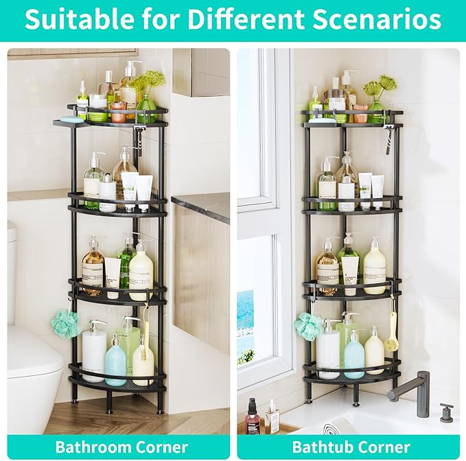 HapiRm Standing Corner Shower Caddy - 4 Tier Shower Organizer Corner with Soap Holder and 4 Hooks, Rustproof Bathroom Storage Shelves with Adhesives, Black
