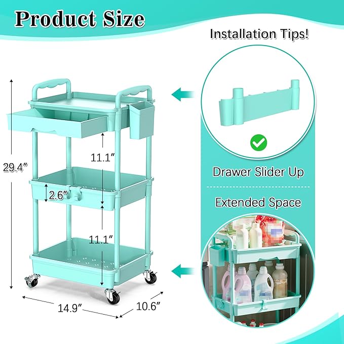 3-Tier Rolling Cart with Drawer & Lockable Wheels, Blue