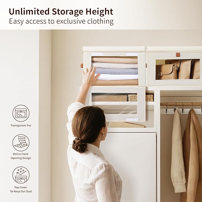 Homsorout Small Fabric Storage bins - Collapsible Storage Bins with Open Window, 6 Pack Closet Baskets for Shelves, Stackable Decorative Boxes for Home, Dorm, Beige, 13.7"x 9.8" x 9.8"