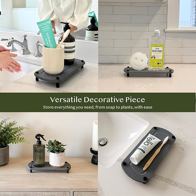 2PCS Water Absorbing Stone Soap Tray for Kitchen Bathroom Sink, Quick Dry Diatomaceous Earth Drying Rack and Shower Caddy, Soap Dispenser and Sponge Holder Organizer for Countertop, TWINKLE MOMENT; Dark Gray