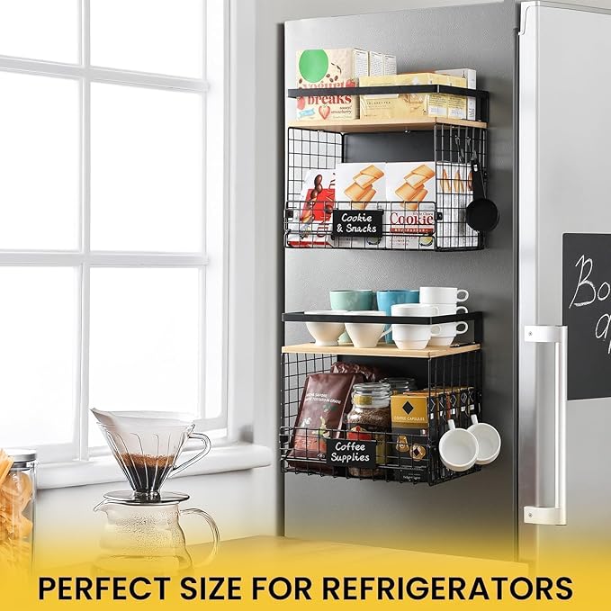 [WIDER SHELF] 1 SET Strong Magnetic Shelf Basket for Fridge with Tag & Bamboo Top, XXL Large Magnetic Spice Rack Shelves for Side of Refrigerator, Kitchen Pantry Storage Organizer for Food Fruit Veg