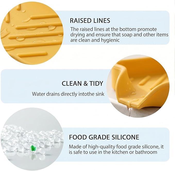 MicoYang Silicone Soap Dish with Drain Spout — Self-Draining Sink Organizer Tray for Bathroom & Kitchen, Holds Soap, Sponges & Dispensers, Non-Slip & Dishwasher Safe, Yellow (Small, 4.9"×3.2")