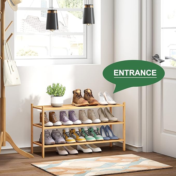 kiplant Long Shoe Rack, Bamboo Wood 3-Tier Shoe Rack for Entryway, Stackable | Foldable | Natural, Shoe Organizer for Hallway Closet, Free Standing Shoe Racks for Indoor Outdoor