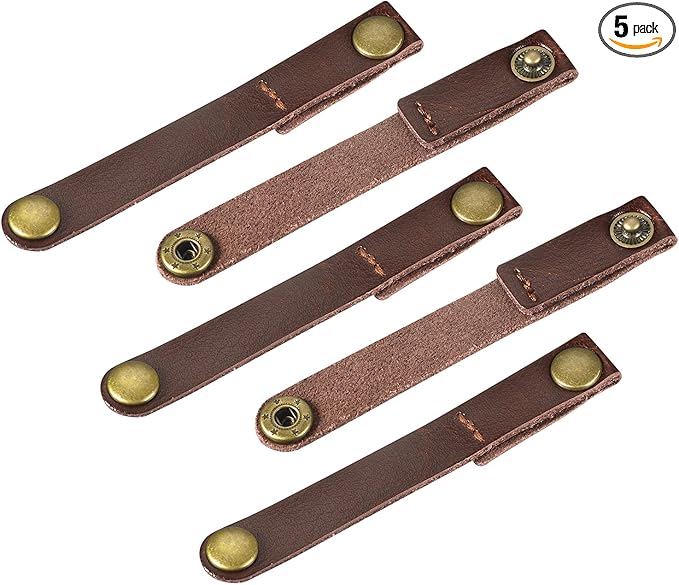 MECCANIXITY Pack of 5 Leather Cable Straps Cord Organizer 90x12mm Portable Cable Leather Clips Brown Earphone Cord Management for Cable, Wire