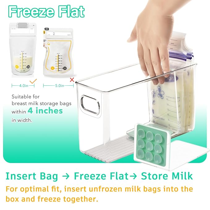 Breastmilk Storage Container with L Shaped Dividers to Flatten Standing Breast Milk Bags in Organizer Bins Save Refrigerator Space | 2 Containers with Removable Separator Boards - Green