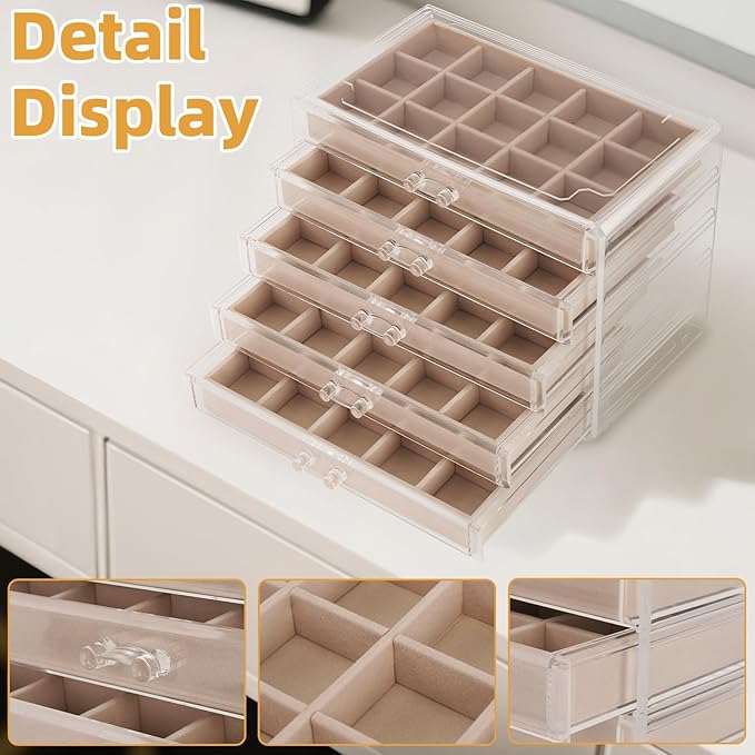 FEISCON Jewelry Box Organizer，Acrylic Storage Organizer with 5 Drawers Adjustable Velvet Trays grid size Jewelry Storage Box Clear Jewelry Organizer Gift for Women Girls (5 layer)