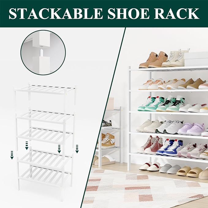 Smiry Long Bamboo Shoe Rack, 4 Tier Free Standing Wooden Shoe Organizer, Stackable Wood Shoe Storage Shelf for Closet, Entryway, 12 Vertical Slats, 2+2 Stack Standard Legs, 33.7"x11"x26", White