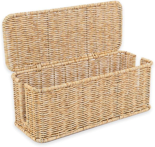 Cable Management Box, Handmade Rattan Cable Organizer with 2 Open Slots, Natural