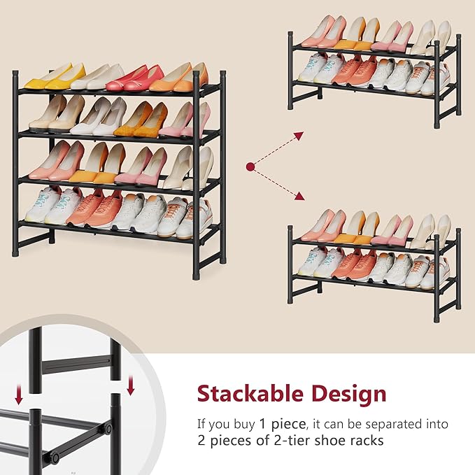 Tajsoon Expandable Shoe Rack for Closet 4 Tier, 29“-41“Adjustable & Stackable Shoe Shelf Storage, Metal Shoe Rack Organizer for Front Door Entrance, Closet, Garage, Entryway, Black