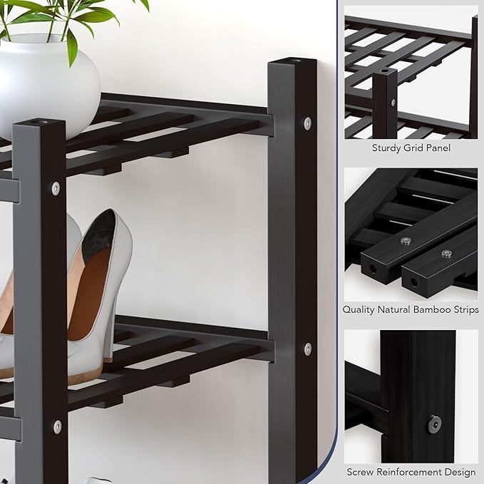 Haddockway Small 3 Tier Bamboo Shoe Rack Storage Organizer, Multifunctional Free Standing Stackable Shoe Shelf with Grid Panel for Closet,Hallway,Entryway,Small Space 18"x11"x17"