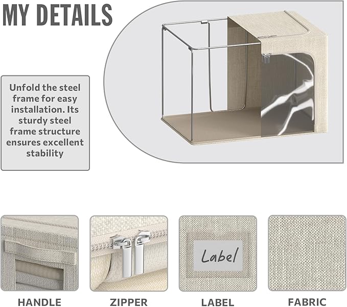 4 Pack Clothes Storage Bins with Metal Frame - 36L Stackable Storage Box with Lid，Foldable Storage Container Organizer for Clothes，Linen Fabric Storage Box with Clear Window＆Zippers＆Handles