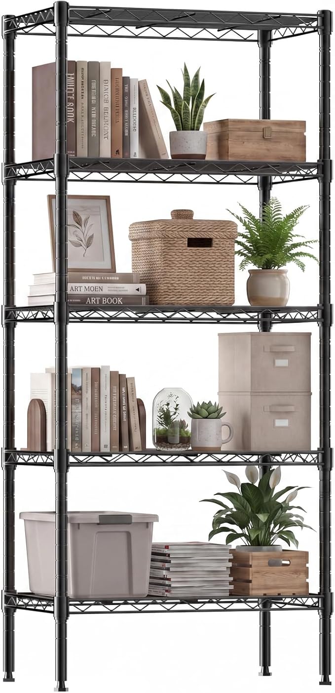DUMOS 5-Tier Metal Wire Storage Shelves, Adjustable Standing Storage Rack Shelf, Heavy Duty Steel Shelving Unit Organizers for Kitchen Bathroom Pantry Garage, 23.2" W×13.4" D×59.8" H, Black