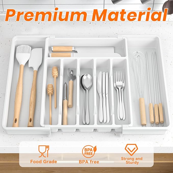 RoomHacks Large Silverware Organizer,Expandable Utensil Drawer Organizer,BPA Free Utensil Holder,Adjustable Silverware Tray Cutlery Drawer Organizer for Kitchen Flatware,Large,White (6-8 Slots)