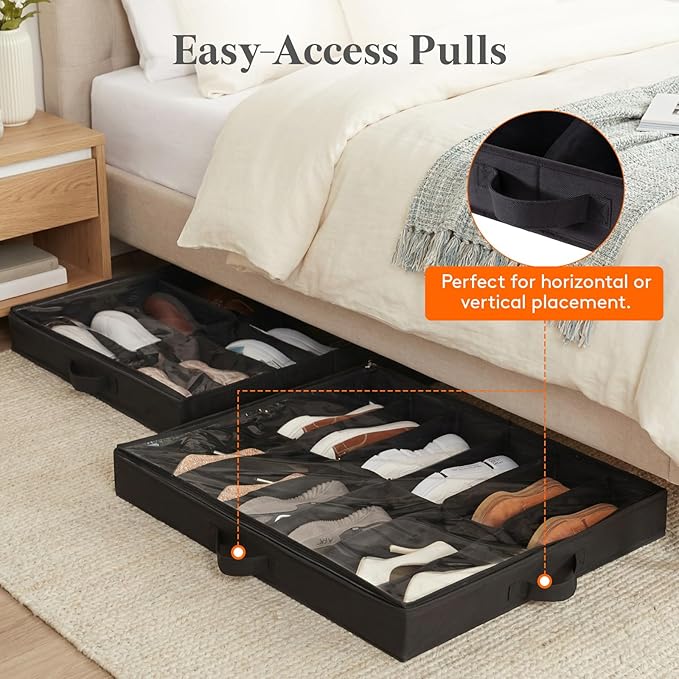 Lifewit 2-Pack Under Bed Shoe Storage, 4.3 Inches Low Profile Fabric Slim Shoe Organizer for Closet with Clear Cover, Set of 2 Thin Stackable Shoe Boxes Hold 24 Pairs, Black
