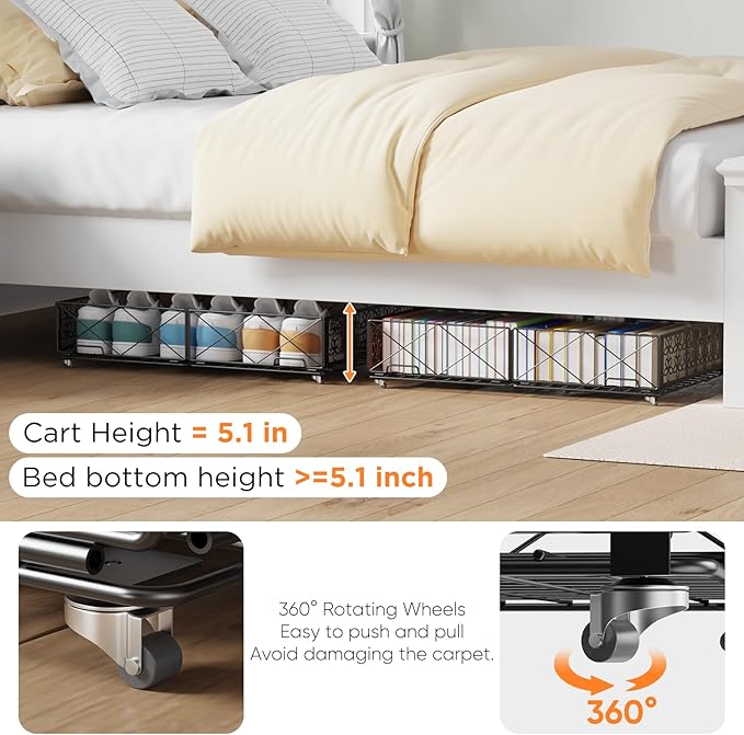 Under Bed Storage with Wheels, Rollable Under Bed Storage Container, Foldable Metal Under Bed Organizer for Bedroom Clothes Shoes Blankets Storage (2black, Black)