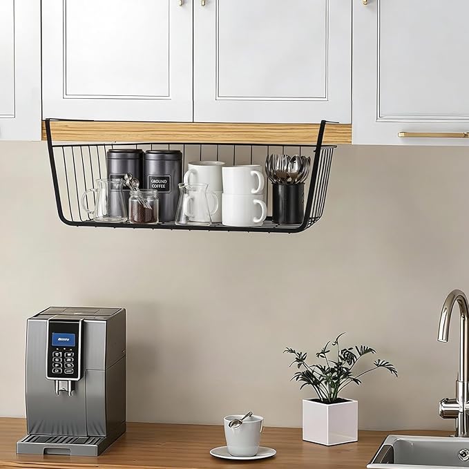 Under Shelf Basket Undershelf Storage Basket Pantry Shelf Organizer Metal Under Cabinet Shelf Hanging Storage Bin Slides Cabinet Shelves for Kitchen Pantry Storage Space Saving