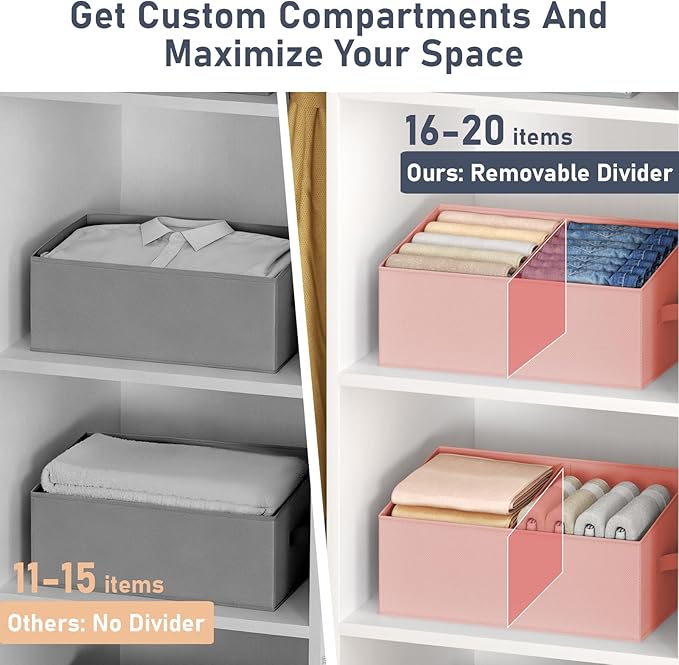 Large Closet Shelf Organizer Bins 8 Packs with Handles and Divider, Pink