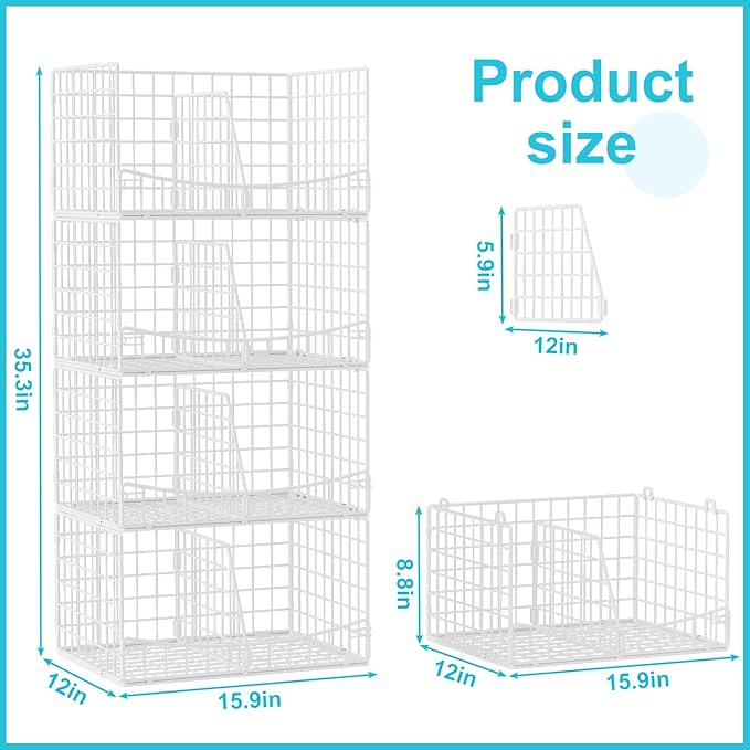 Hongtamoya 4-Tier Closet Organizers and Storage Basket with Divider, Foldable Closet Shelf Organizer System, Space-Saving Clothes Storage Drawer Organizer Bins for Wardrobe Cupboard, White