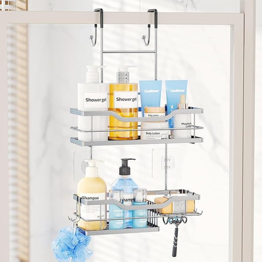 Over Door Shower Caddy, 2 Tier Shower Shelves Hanging with Soap Holders, Silver