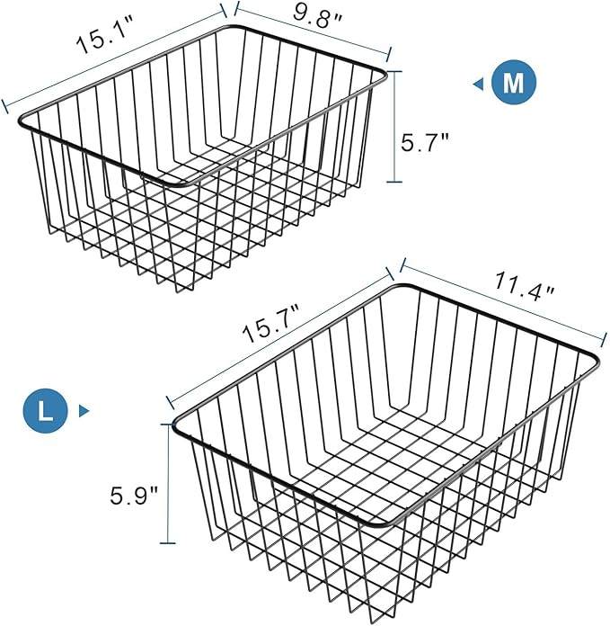iSPECLE Freezer Organizer Bins - 4 Pack Upright Freezer Baskets for 17/21 Cu.Ft Stand up Freezer, Wire Storage for Reach-in Freezer, Slide-Out Access, Prevents Items Falling, 2 Large 2 Medium, Black