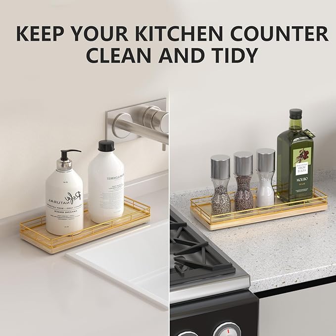 Bathroom Tray for Counter Top Organizer, Gold & Oak Decorative Storage