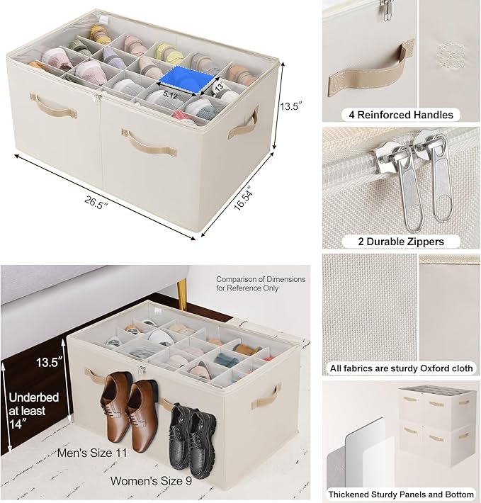 TOPIA HOME Shoe Organizer for Closet 2 Pack, Foldable Shoe Box with Adjustable Divider and Clear Cover, Space Saving Shoe Storage Organizer Cabinet with Reinforced Handles, Fits 40 Pair, Beige, TP11Y