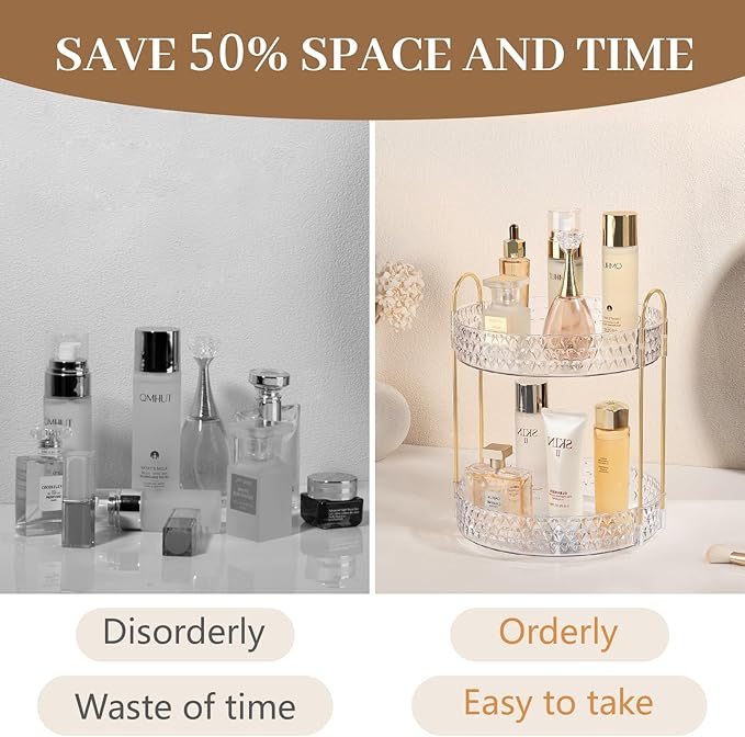 Rotating Makeup Organizer for Vanity, 2 Tier Perfume Skincare Storage for Women