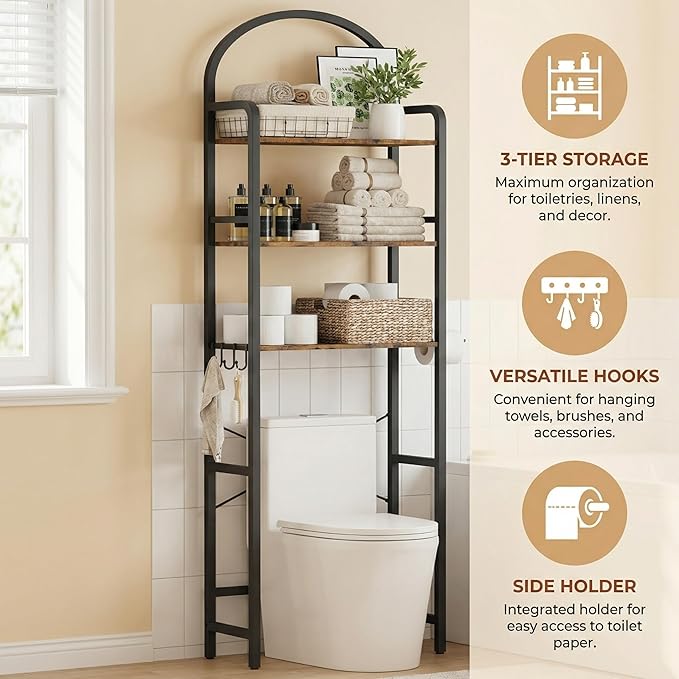 74" H Over the Toilet Storage Rack, 3-Tier Bathroom Organizer with Toilet Paper Holder & Hooks, Metal Frame with Wooden Shelves, Space Saver for Small Bathroom, Rustic Brown and Black