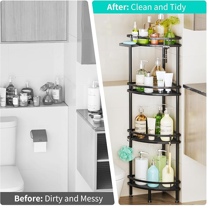 HapiRm Standing Corner Shower Caddy - 4 Tier Shower Organizer Corner with Soap Holder and 4 Hooks, Rustproof Bathroom Storage Shelves with Adhesives, Black