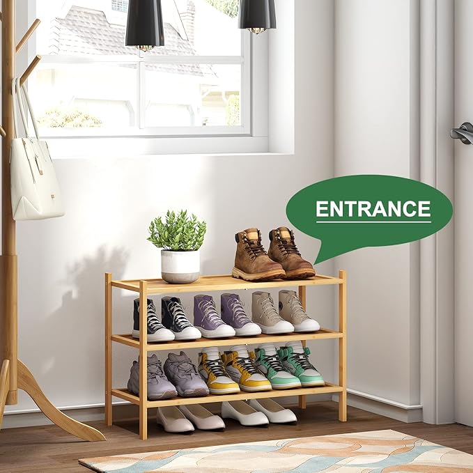 kiplant 3-Tier Shoe Rack for Closet, Bamboo Wood Shoe Rack for Indoor & Outdoor, Stackable Shoe Organizer for Entryway (Natural, 3-Tier)