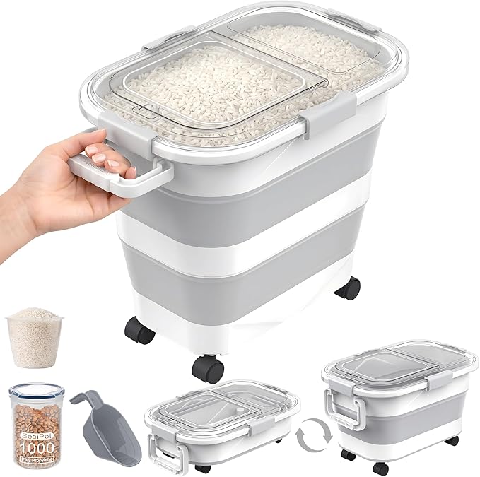 30 Lbs Rice Storage Container with Wheels, Collapsible Airtight Food Storage Container with Transparent Lid, Measuring Cup, Scoop, Handle, BPA Free Rice Holder for Pet Food, Grain, and Bird Seed