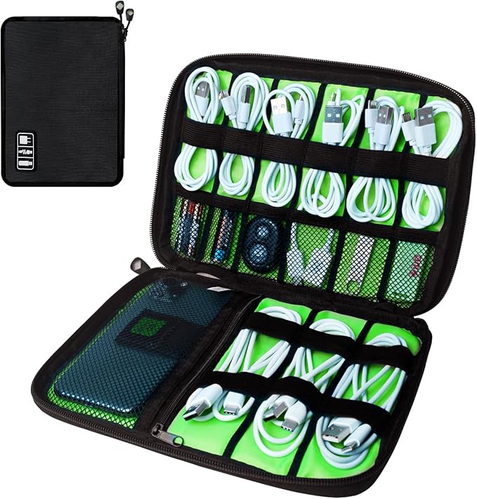 Lcsmaokin Electronics Travel Organizer,Portable Waterproof Electronic Travel Storage Bag for Small Charging Cord Storage,Charger,SD Card etc,for Travel,Business -Black Green