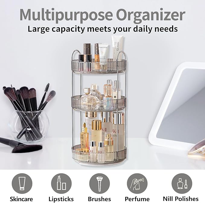 360 Rotating Makeup Organizer, Grey-3 Tier