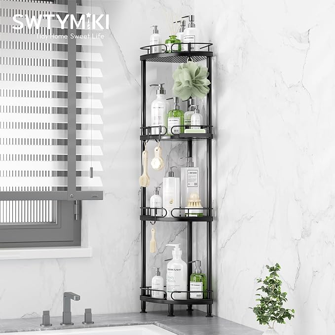 SWTYMIKI Corner Shower Caddy Standing - 4 Tier Stainless Steel Shower Organizer Stand with 4 Hooks & Soap Holder, Rustproof Metal Standing Tall Floor Shower Shelf and Bathroom Organizer, Black