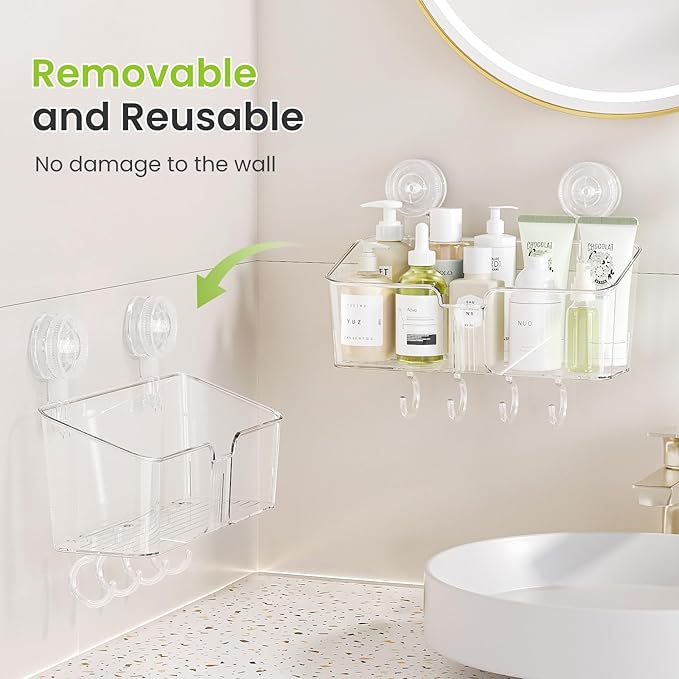 LUXEAR Shower Caddy Suction Cup, No Drilling Strong Hold Shower Organizer with Hooks & Soap Dish Fast Draining Removable Reusable Bathroom Storage Shelf Friendly for Bathroom/Kitchen/RV 22LBS Capacity