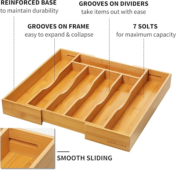 Expandable Bamboo Kitchen Drawer Organizer for Cutlery and Utensils, Natural