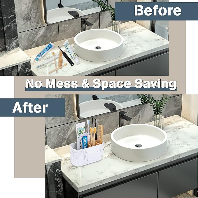 GFWARE Toothbrush Holders for Bathrooms, 5 Slots Bamboo Toothbrush Holder Kids Electric Toothbrush Holder and Toothpaste Holder for Bathroom Countertop Accessories Storage, Marble Toothbrush Organizer