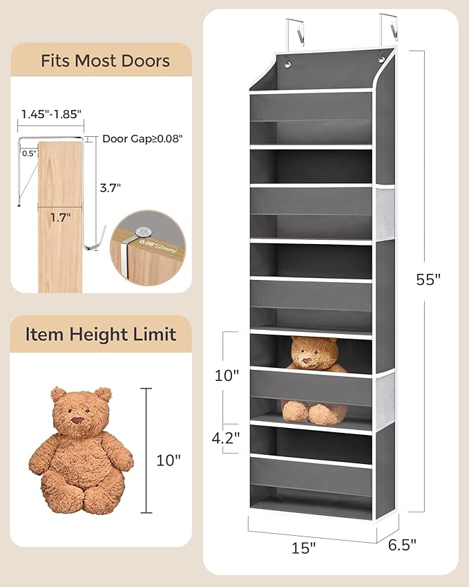 ULG Over the Door Organizer 2-Pack Door Hanging Organizer Closet Door Organizers and Storage for Clothes, Shoes, Toys Grey